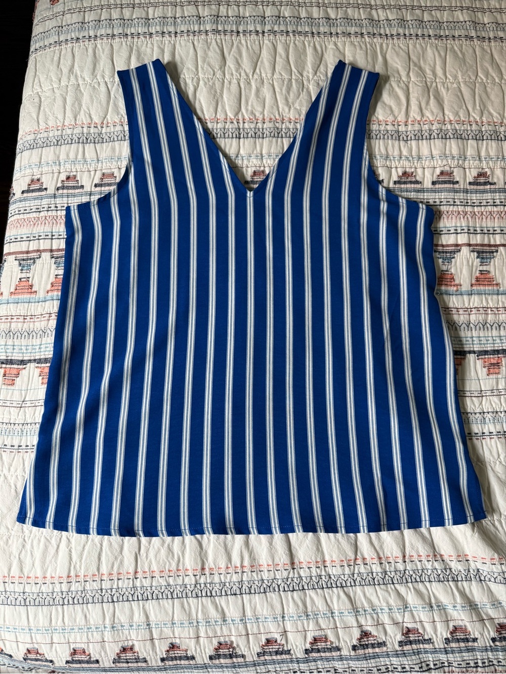 Lands' End Blue and White Vertical Stripe V-Neck Tank